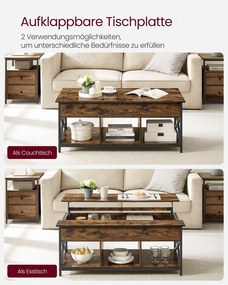 Mesa de centro 60 x 120 x (48-62) cm com altura ajustável e espaço de arrumação sob o tampo, castanho vintage-preto