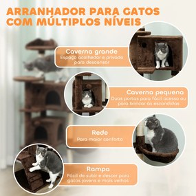 Arranhador para Gatos com Múltiplas Plataformas Cama 2 Cavernas Rede Escada Postes de Sisal 48x48x140 cm Castanho