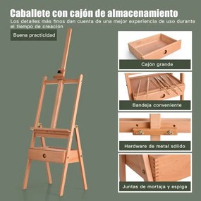 Cavalete de desenho Tripé com gaveta em madeira 100% faia para telas até 92 cm para estudantes e adultos 44 x 41,5 x 151-194,5 cm