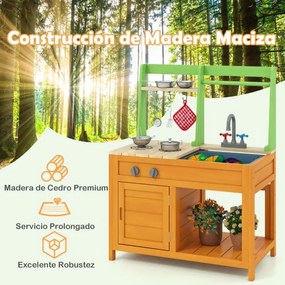 Cozinha para crianças ao ar livre 72 × 38 × 92 cm com fogões realistas, torneira, lava-louça, forno e acessórios de cozinha verde e amarelo