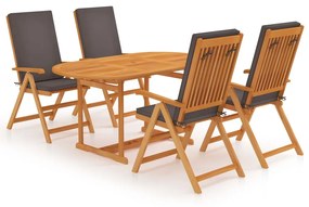 vidaXL 5 pcs conjunto jantar jardim + almofadões cinzentos teca maciça