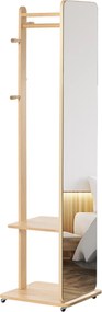 Espelho de pé com rodas 40 (L) x 44,5 (P) x 170 (A) cm Com cabides, 4 ganchos e prateleira em MDF com acabamento em madeira clara