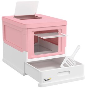 PawHut Caixa de Areia para Gatos Dobrável Caixa de Areia para Gatos Fechada com Bandeja Removível e Pá 47,5x35,5x36,7cm Rosa