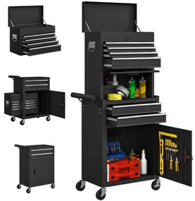 Carrinho de Ferramentas com 6 Gavetas Rodas Painel Lateral Perfurado e Caixa de Ferramentas Desmontável 60,5x33,5x131 cm Preto