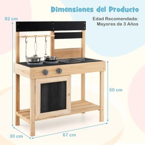 Conjunto de cozinha madeira para crianças com 2 pias removíveis, torneira, fogão e acessórios de cozinha para maiores de 3 anos, 67 x 30 x 82 cm, natu