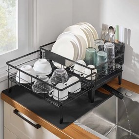 Escorredor de louça com tapete de silicone e ralo (31-56) x 42 x 20 cm preto