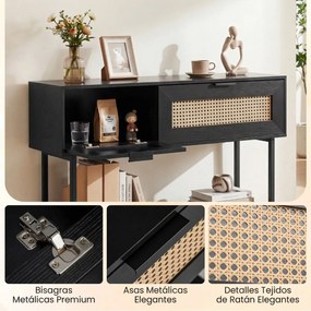 Mesa consola estreita em rattan PE 100 x 29,5 x 76 cm, estilo boémio, com portas, prateleiras e estrutura metálica, para a sala de estar ou o hall de