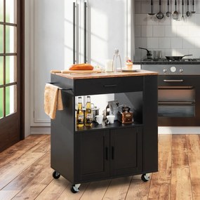 Carrinho de cozinha com rodas com 3 prateleiras abertas para especiarias, gaveta grande com 2 portas e toalheiro 75 x 50 x 92 cm Preto