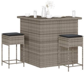 vidaXL 3 pcs conjunto de bar p/ jardim c/ almofadões vime PE cinzento