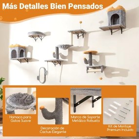 Conjunto de torre para gatos montada na parede com plataforma de 2 níveis, 2 casinhas e arranhador cinza