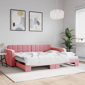 Sofá-cama com gavetão 90x200 cm veludo rosa
