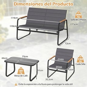Conjunto de jardim de 4 peças, com almofadas, mesa de vidro temperado e cadeiras de jardim para alpendre, varanda ou jardim com almofadas Cinza