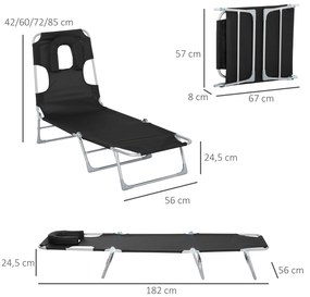 Outsunny Espreguiçadeira de Jardim Reclinável e Dobrável com Orifício de Leitura Apoio para Cabeça e Encosto Ajustável em 4 Níveis para Praia 182x56x24,5 cm Preto