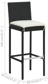 5 pcs conjunto de bar p/ jardim c/ almofadões vime PE preto