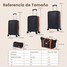Conjunto de 5 malas rígidas em ABS com 3 tamanhos, pega telescópica, rodas duplas de 360°, fecho de segurança, expansível, bolsa de higiene e bolsa de