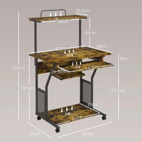 Secretária de Computador com Rodas, 80 x 50 x 130 cm, Prateleiras de Arrumação, Castanho