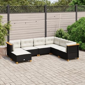 7 pcs conjunto de sofás p/ jardim c/ almofadões vime PE preto