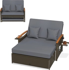 Sofá-cama de rattan para exterior com apoio para os pés com arrumação Encosto ajustável em 4 níveis e tabuleiros laterais retrácteis Castanho/cinzento
