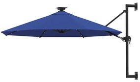vidaXL Guarda-sol para jardim de parede com luzes LED 300 cm azul