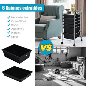 Carrinho com rodas auxiliar de armazenamento com 6 gavetas empilháveis removíveis para cozinha ou escritório 34 x 43,5 x 76 cm Preto