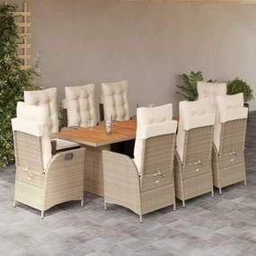 vidaXL 9 pcs conjunto de jantar p/ jardim com almofadões vime PE bege