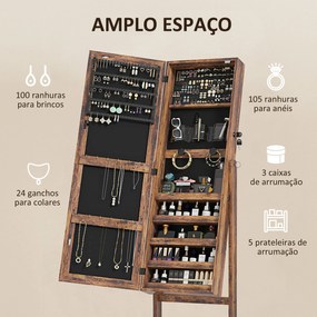 Joalheiro de Pé Armário para Jóias com Fita de Luz LED e Fechadura Magnética 46x36,5x151,5 cm Madeira