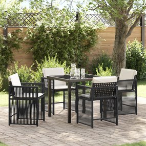 vidaXL Conjunto de Jantar de 5 peças com Almofadas Preto Rattan Poliéster