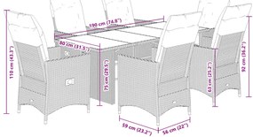 7 pcs conjunto de jantar p/ jardim com almofadões vime PE bege