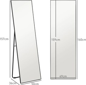 Espelho retangular de corpo inteiro, 50 x 160 cm, espelho com suporte, para fixação na parede ou encostado à parede, preto