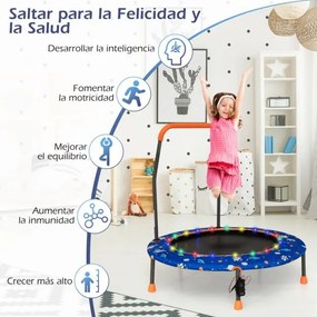 Trampolim para crianças 92 cm com luzes LED Pega de segurança Tapete de saltos redondo Cobertura 3-6 anos Azul