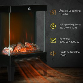 Lareira Elétrica 1000W/2000W Lareira Elétrica com Chama LED Realista Ajustável Termostato e Proteção Contra Superaquecimento para Área de até 15-20 m²