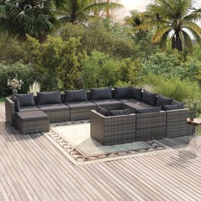 11 pcs conjunto lounge de jardim c/ almofadões vime PE cinzento