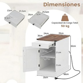 Conjunto de 2 mesas cabeçeira, mesas apoio 35 x 60 x 62 cm com estação de carregamento e armazenamento, gaveta, estante ajustável e bandeja removível,
