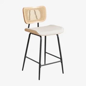 Banco Alto Em Madeira, Rattan E Couro Sintético Raysa Madeira Natural & ↑65 Cm & Couro Sintético Branco Quebrado - Sklum