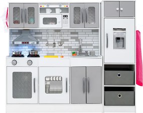 Cozinha brincar de madeira 118 x 29 x 100 cm com luzes e sons Cozinha modular de brincar e frigorífico com funções interativas cinzenta