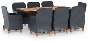 vidaXL 9 pcs conj. jantar exterior c/ almofadões vime PE cinza-escuro