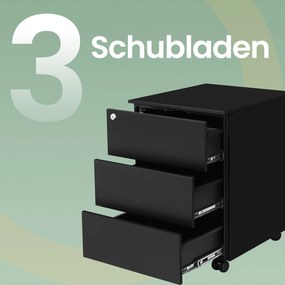 Bloco com 3 gavetas com rodas para escritório 45 x 39 x 55 cm Preto mate