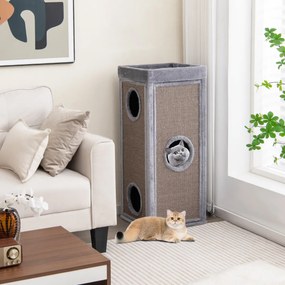 Casa para gatos com 3 cavernas com 3 esconderijos e painéis de sisal para arranhar, cama superior com almofada removível cinza