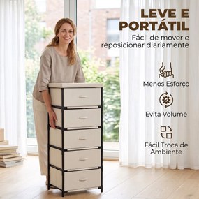 Cómoda de Quarto com 5 Gavetas em Tecido e Estrutura de Aço Gaveteiro para Sala Escritório Bege