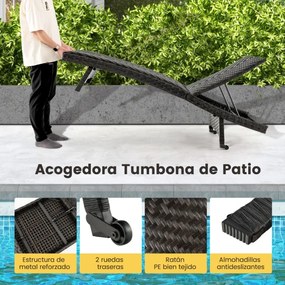 Espreguiçadeira jardim dobrável com estrutura metálica, encosto ajustável em 5 níveis e rodas traseiras para pátio, jardim e terraço 195 x 61 x 38-97