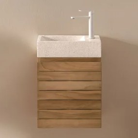 Conjunto De Móveis De Banheiro Em Madeira Teca Com Pia Integrada Em Cimento Napier Madeira De Teca & Sem Espelho & Branco ↑20 - Sklum