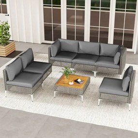 Conjunto de jardim de 7 peças em rattan PE com mesa em madeira de acácia, almofadas removíveis e pés ajustáveis em metal cinzento