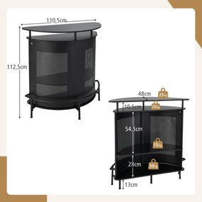 Mesa de bar doméstico com Estantes e 3 Suportes de Vidro Bancada Curva Industrial para Cozinha Sala de Jantar Pub Preto