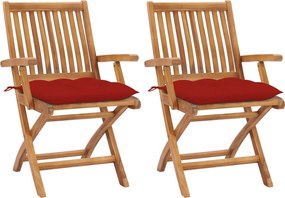 vidaXL Cadeiras de jardim c/ almofadões vermelho 2 pcs teca maciça