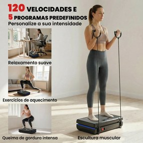 Plataforma Vibratória com 120 Velocidades 5 Programas Ecrã LED Luz Controlo Remoto e 2 Bandas Elásticas 48x32x13 cm Preto