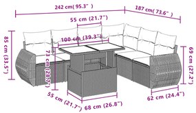 7 pcs conjunto de sofás jardim c/ almofadões vime PE castanho