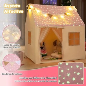 Tenda Casa para crianças infantil 119 x 104 x 129 cm com cortinas, janelas, luzes, bandeirinhas e tapete acolchoado interior rosa