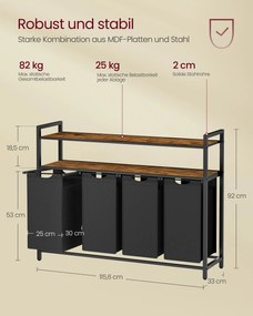 Cesto da roupa suja 115,6 x 33 x 92 cm com 4 compartimentos e 2 prateleiras, castanho vintage-preto