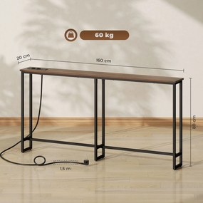 Mesa de Consola Estreita Consola com Estação de Carga Estrutura de Aço Estilo Industrial para  160x20x80 cm Castanho Rústico