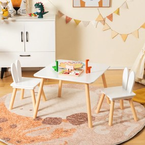 Conjunto de mesa e cadeiras para crianças 2 cadeiras desenho coelhos Pernas de madeira Branco